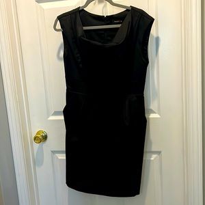 Black cap sleeve short dress with cowl neckline